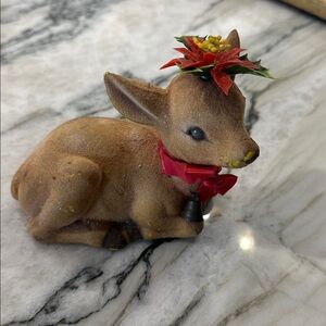 Vintage Flocked Spotted Deer Doe Fawn Figure w/ Poinsettia Christmas Kitsch